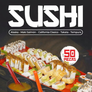 50 piezas+ 2 Sopas Miso (Alaska + Takata + Maki Salmon + California sencillo + Tempura)